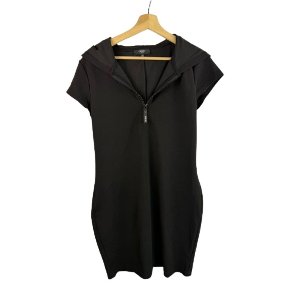 GUESS Black Hooded Bodycon Mini Dress Zip Front Short Sleeve Y2K Dress Size L